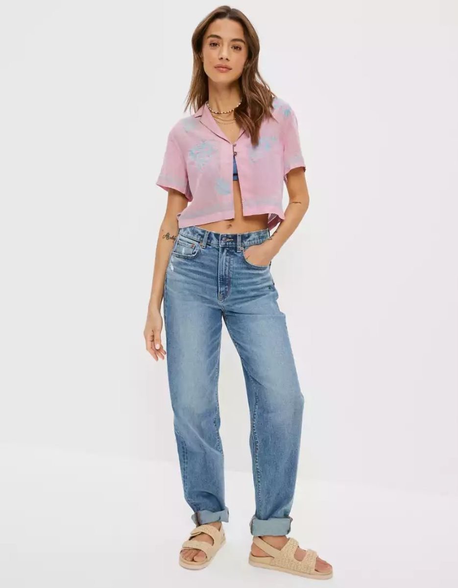 Chemises American Eagle AE Cropped Embroidered Resort Lavande Femme | KSN-31459949